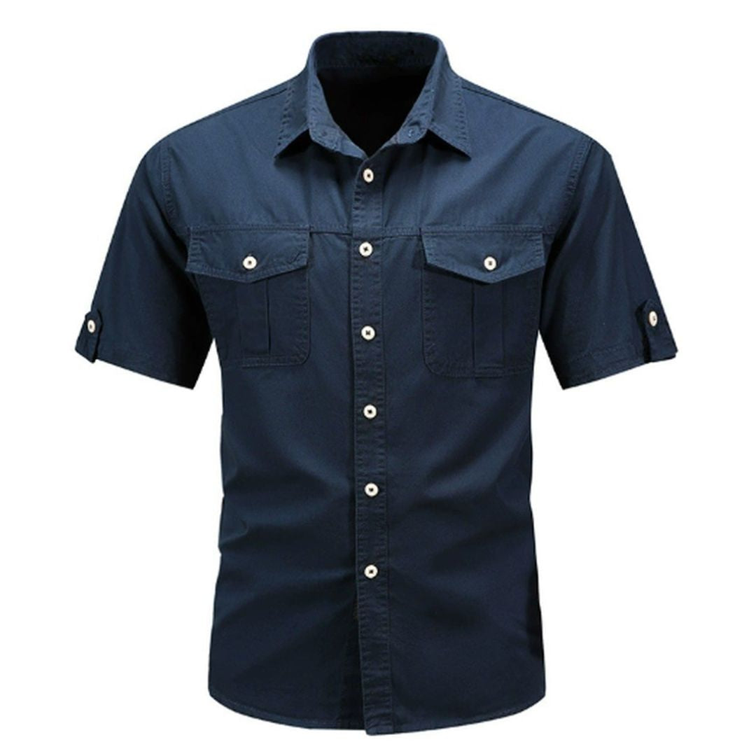 Men's Short Sleeve Shirt with Dual Chest Pockets and Button Front Closure