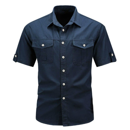 Men's Short Sleeve Shirt with Dual Chest Pockets and Button Front Closure