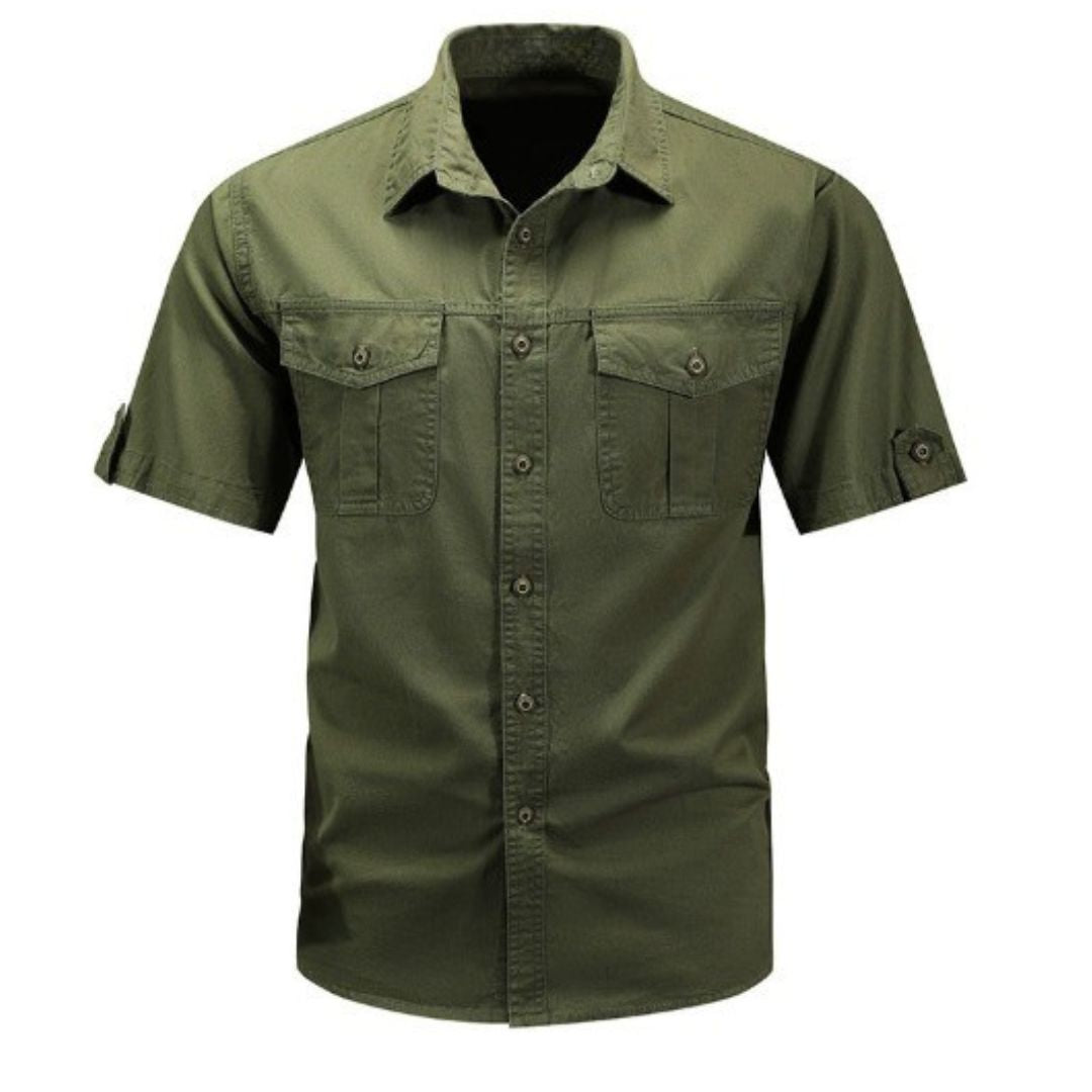 Men's Short Sleeve Shirt with Dual Chest Pockets and Button Front Closure