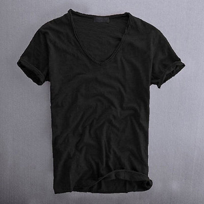 Men's Short Sleeve T-Shirt with Deep V-Neckline and Raw-Edge Hem
