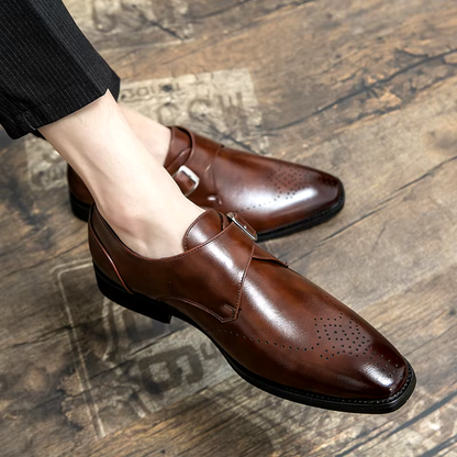 Men's Single Monk Strap Dress Shoes with Brogue Perforation and Square Toe