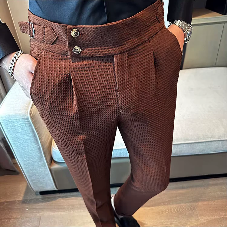 Corvin - Mens High Waist Pleated Trousers With Side Straps