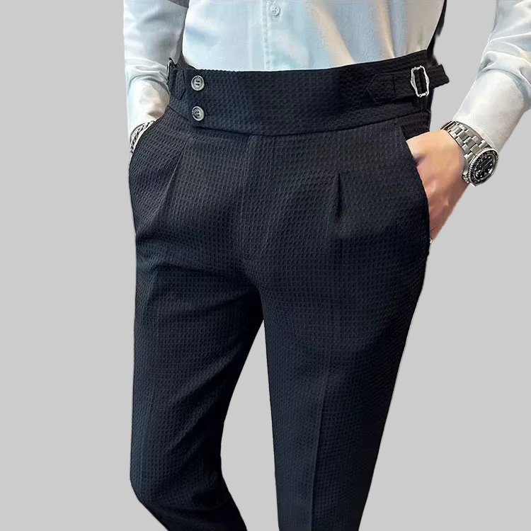 Corvin - Mens High Waist Pleated Trousers With Side Straps