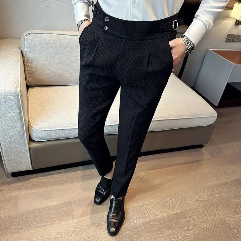 Corvin - Mens High Waist Pleated Trousers With Side Straps