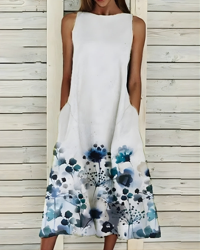Midi Sommerkleid Damen mit Blumenmuster | Ärmellos