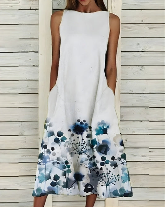 Midi Sommerkleid Damen mit Blumenmuster | Ärmellos