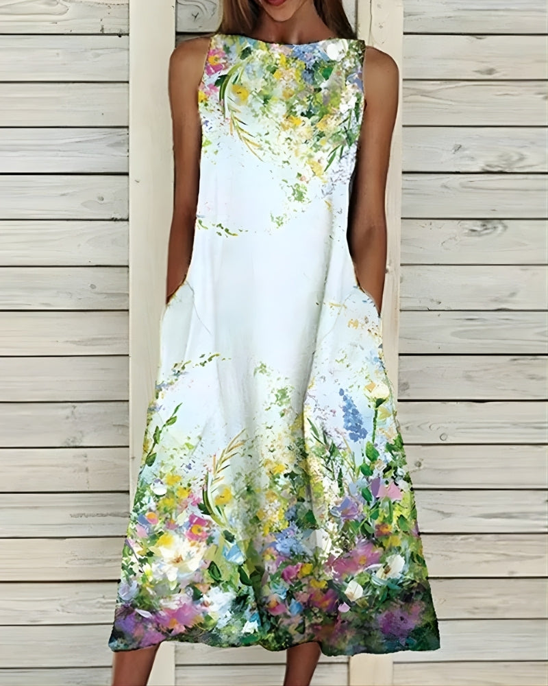 Midi Sommerkleid Damen mit Blumenmuster | Ärmellos