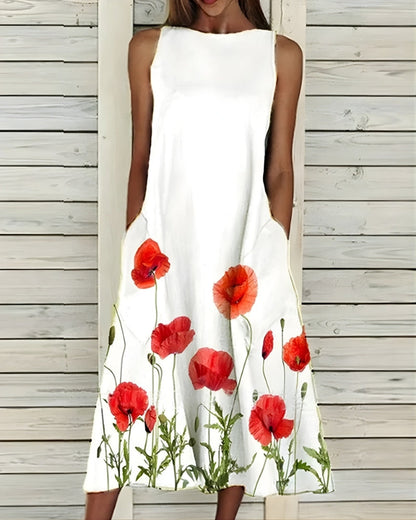 Midi Sommerkleid Damen mit Blumenmuster | Ärmellos