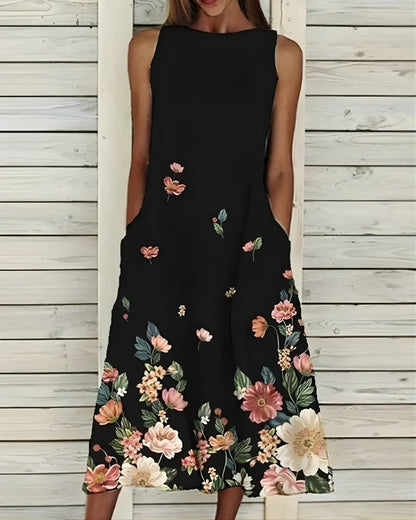 Midi Sommerkleid Damen mit Blumenmuster | Ärmellos