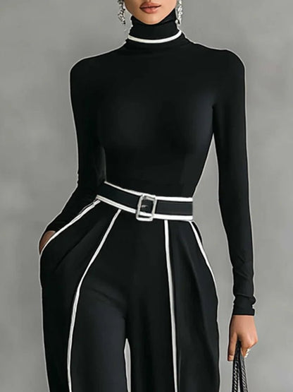 Milou | Set met coltrui met lange mouwen en wijde broek met riem - Bellanza