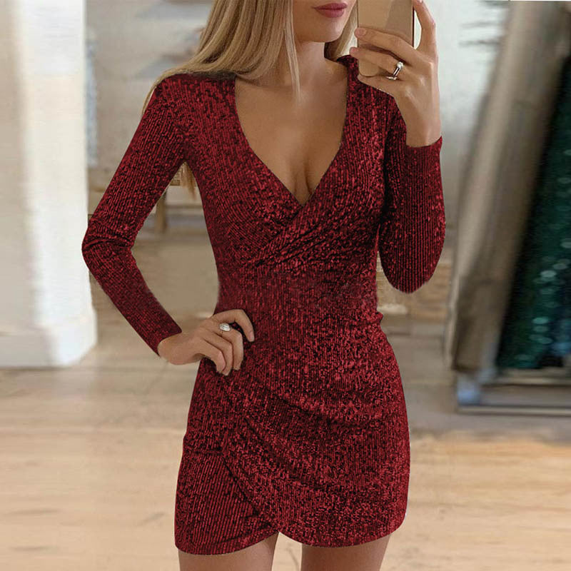 Cotton Wrap Mini Dress Long Sleeve V Neck Bodycon Spring