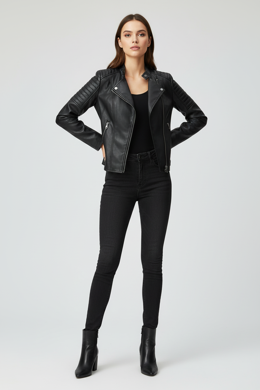 Model in zwarte leren jas - studiofoto