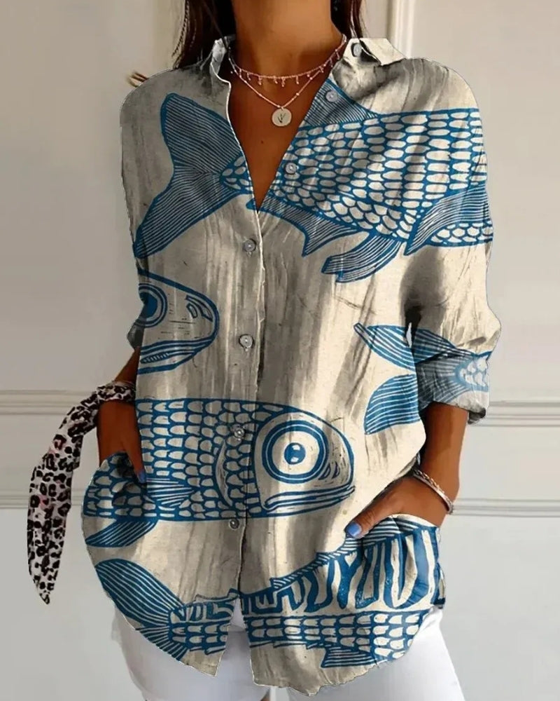 Virela - Womens Allover Print Long Sleeve Blouse