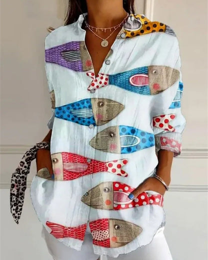 Virela - Womens Allover Print Long Sleeve Blouse
