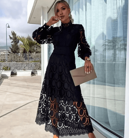 Women's Lace High Neck Midi Party Dress