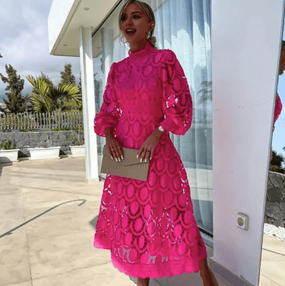 Women's Lace High Neck Midi Party Dress