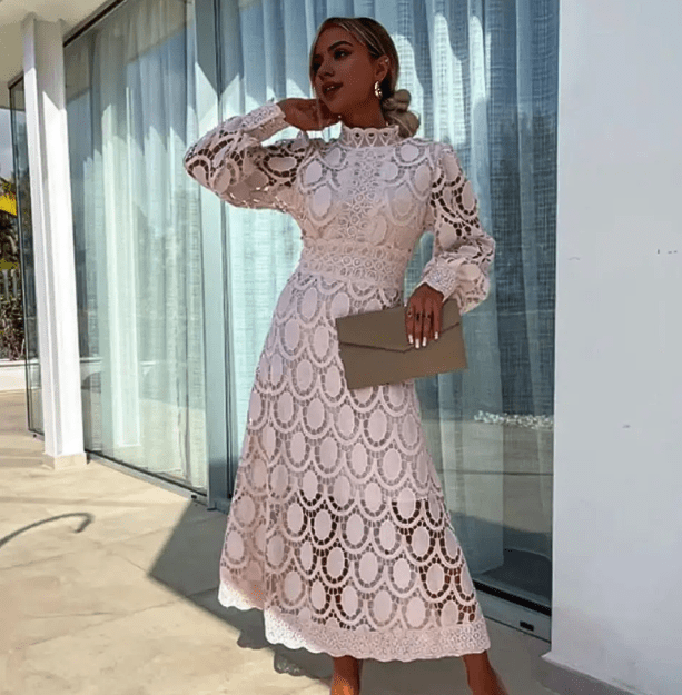 Women's Lace High Neck Midi Party Dress