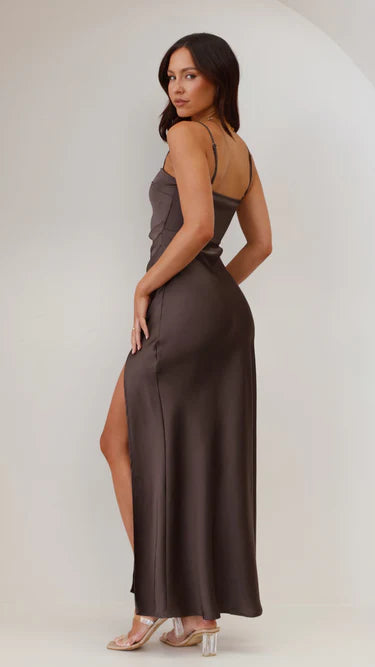 Elegant Satin Maxi Dress with Spaghetti Straps & High Slit
