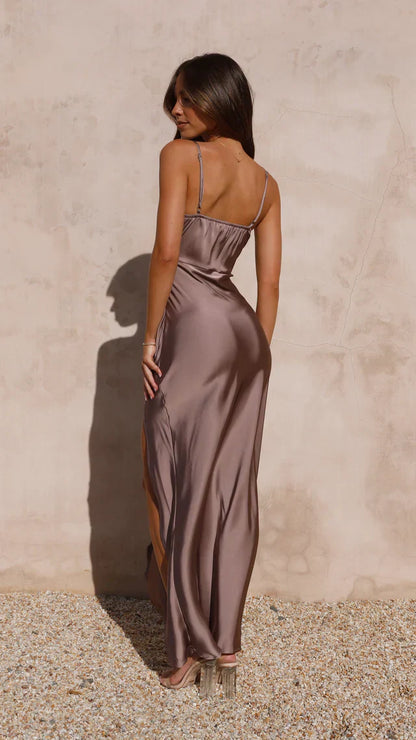 Elegant Satin Maxi Dress with Spaghetti Straps & High Slit