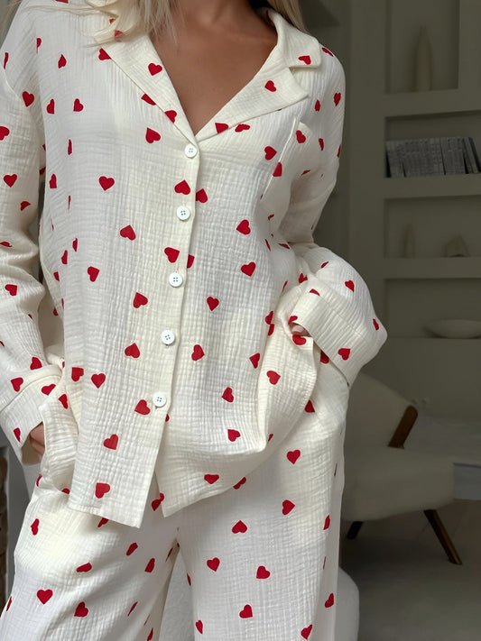 Damen Pyjama Set mit Herzmuster | Langarm