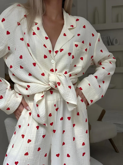 Damen Pyjama Set mit Herzmuster | Langarm