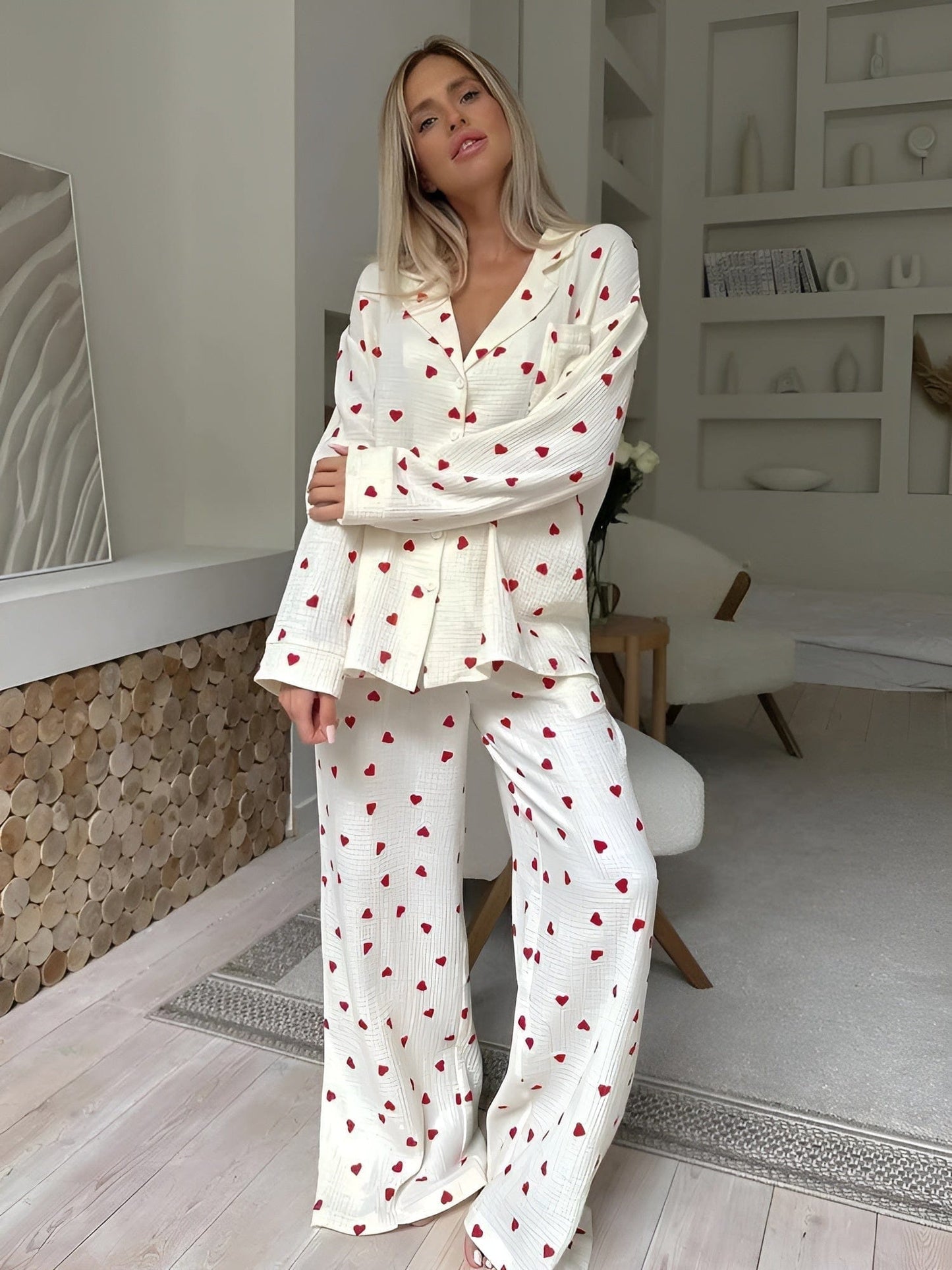 Damen Pyjama Set mit Herzmuster | Langarm