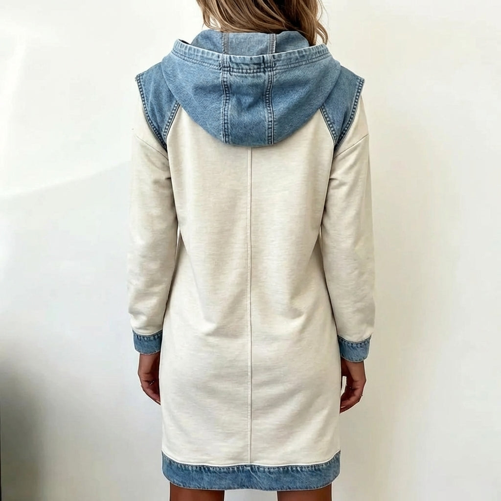 Hooded Sweatshirt Women Fleece Dress Denim Trim Hoodie