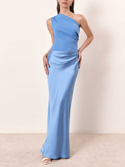 Women’s Silk Blend Maxi Dress | One-Shoulder Pleated Evening Gown