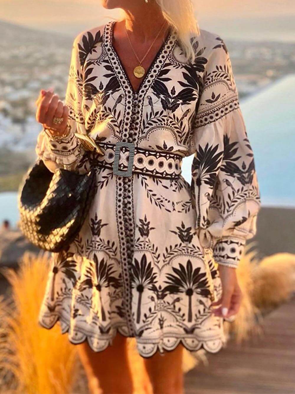 Women’s Printed Beach Mini Dress | Long Sleeve & V-Neck | Holiday & Party Wear