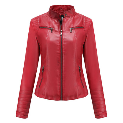 Dames Leren Jas Symmetrische Ritssluiting Kraag Met Drukknopen Rood