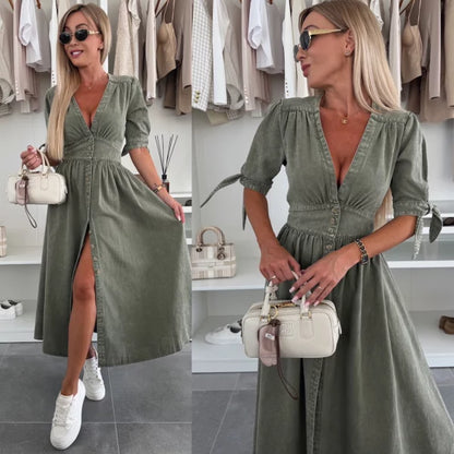 Robe Midi Femme en Jean Boutonnée Col V pour Style Élégant et Féminin
