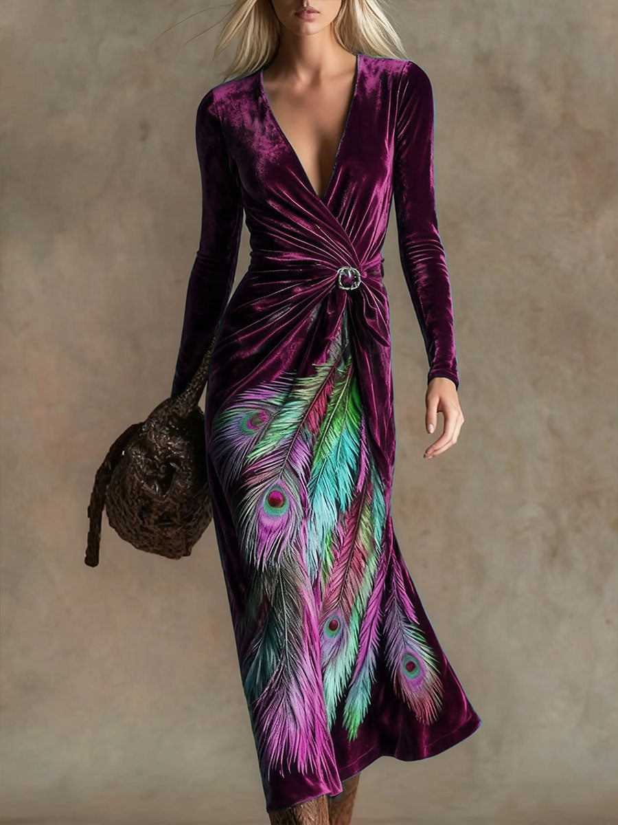 Women's Velvet V-Neck Long Sleeve Peacock Print Midi Wrap Dress