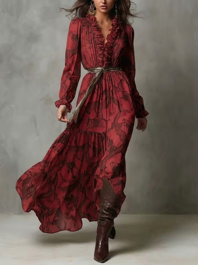Women's Chiffon Animal Print Long Sleeve Maxi Dress