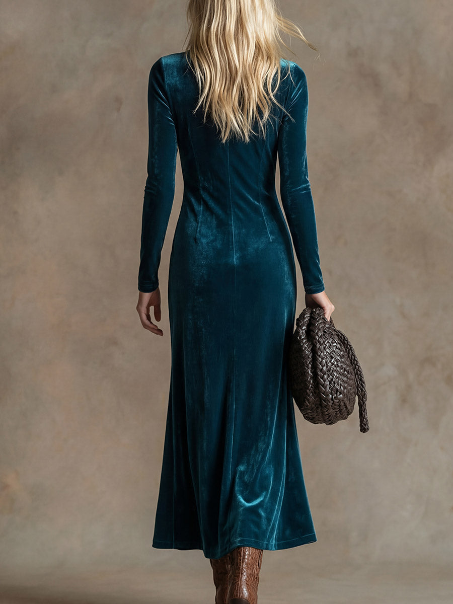 Women's Velvet V-Neck Long Sleeve Peacock Print Midi Wrap Dress