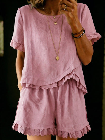 Women's Linen Ruffle Top and Shorts Set