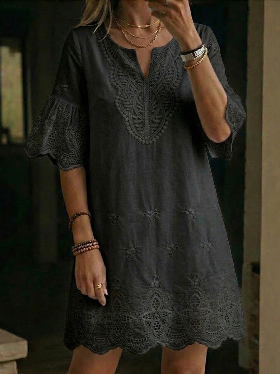 Women's Linen Embroidered V-Neck Flare Sleeve Tunic Dress