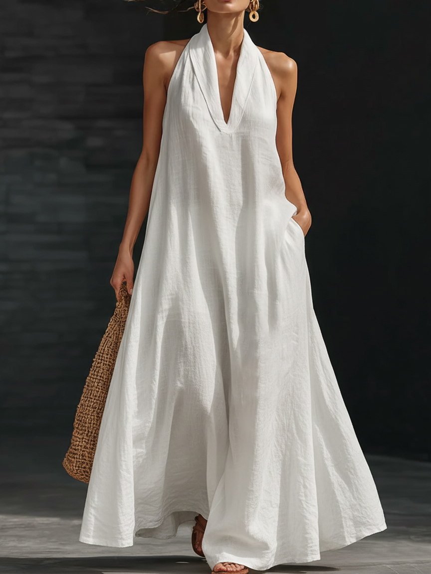 Women's Linen Halter Neck Backless Maxi Dress