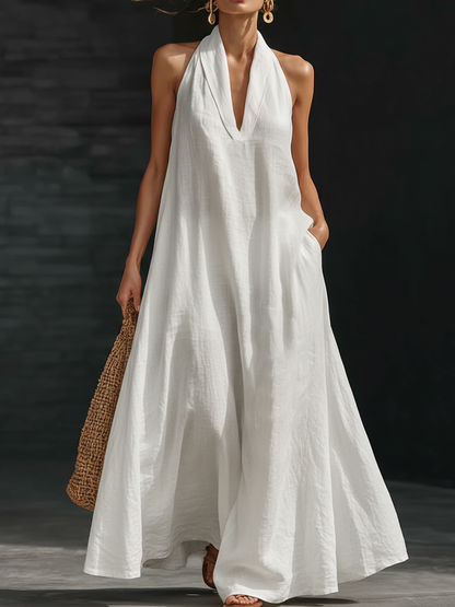 Women's Linen Halter Neck Backless Maxi Dress
