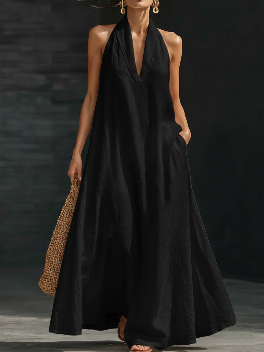 Women's Linen Halter Neck Backless Maxi Dress