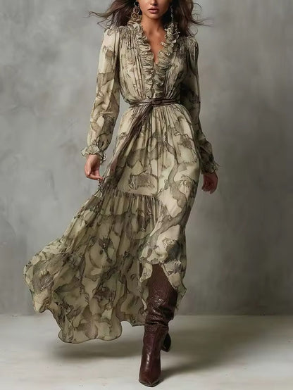 Women's Chiffon Animal Print Long Sleeve Maxi Dress