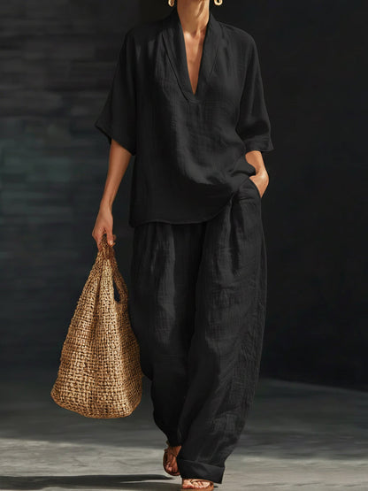 Women's Linen Two Piece Set V Neck Short Sleeve Top and Wide Leg Trousers