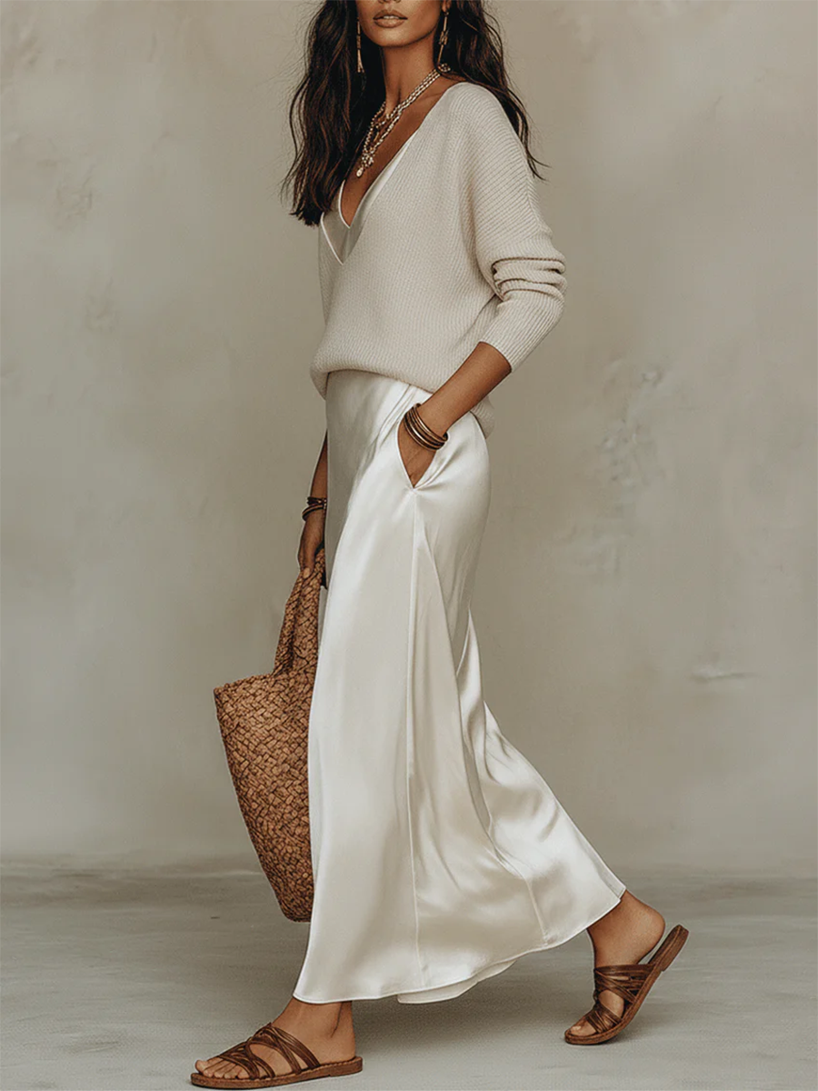 Women's Sleeveless Silk Satin V-Neck Slip Maxi Dress