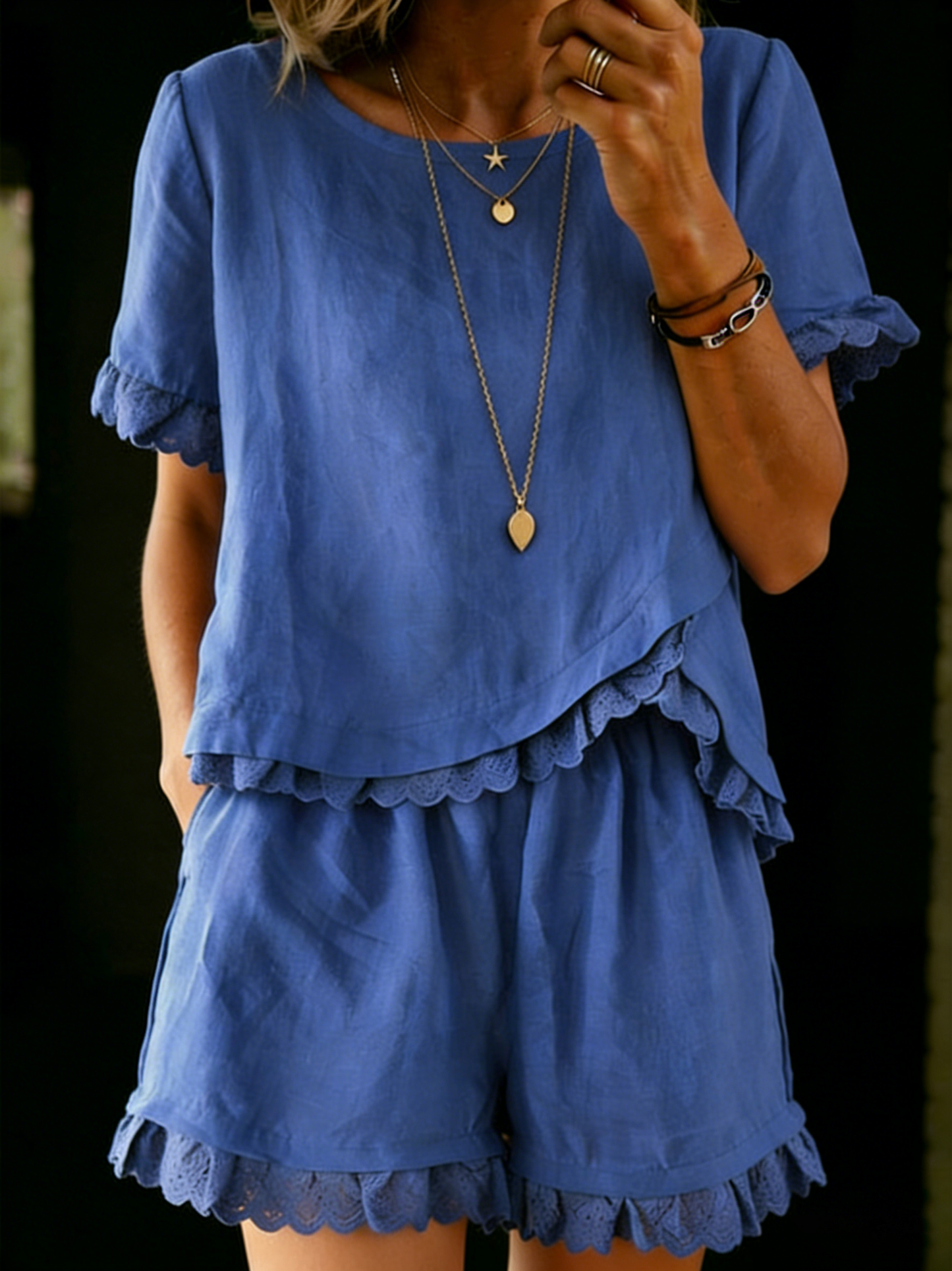 Women's Linen Ruffle Top and Shorts Set