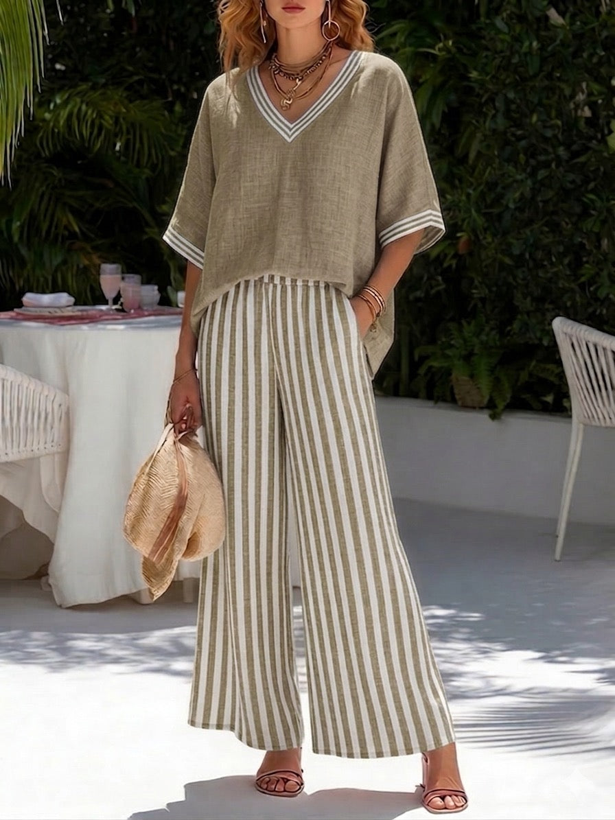 Ensemble femme rayé en coton et lin – Haut patchwork et pantalon assorti