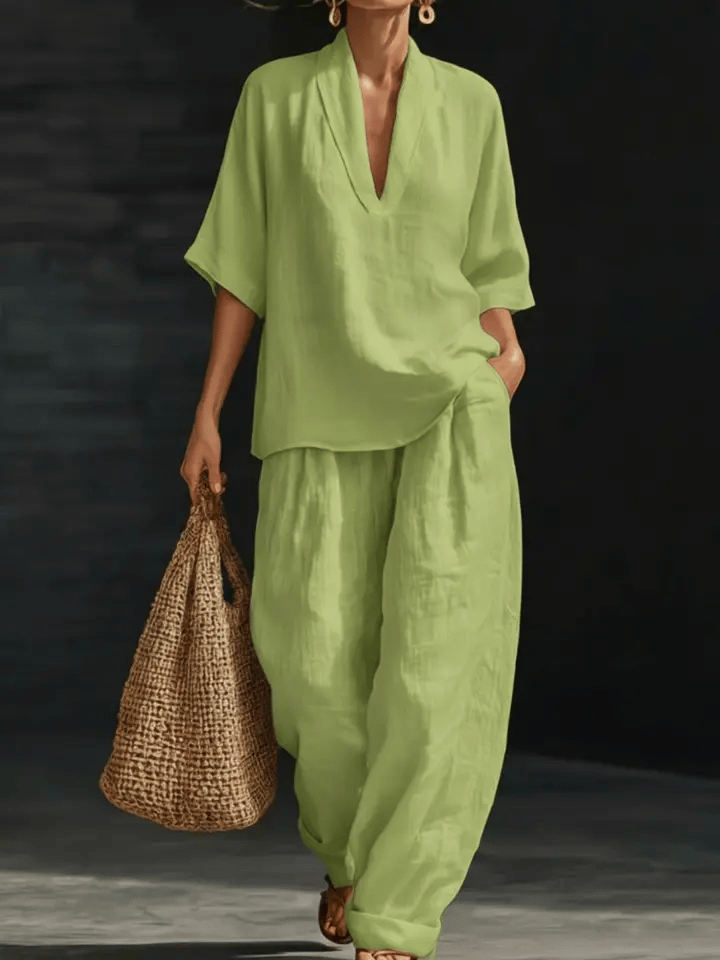 Women's Linen Two Piece Set V Neck Short Sleeve Top and Wide Leg Trousers