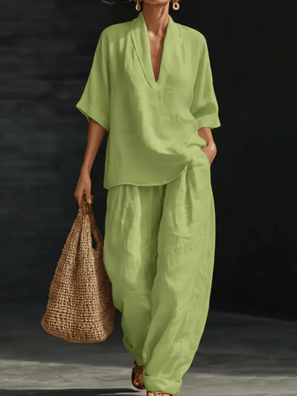 Women's Linen Two Piece Set V Neck Short Sleeve Top and Wide Leg Trousers