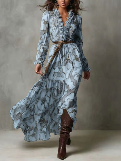 Women's Chiffon Animal Print Long Sleeve Maxi Dress