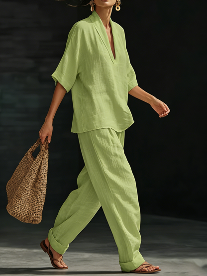 Women's Linen Two Piece Set V Neck Short Sleeve Top and Wide Leg Trousers
