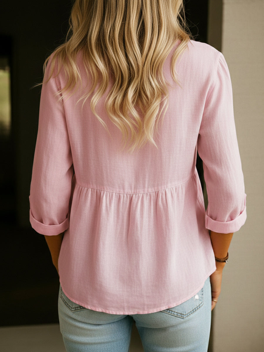 Chemise en mélange de lin et de coton pour femmes – Blouse décontractée ample à manches 3/4 et col rond