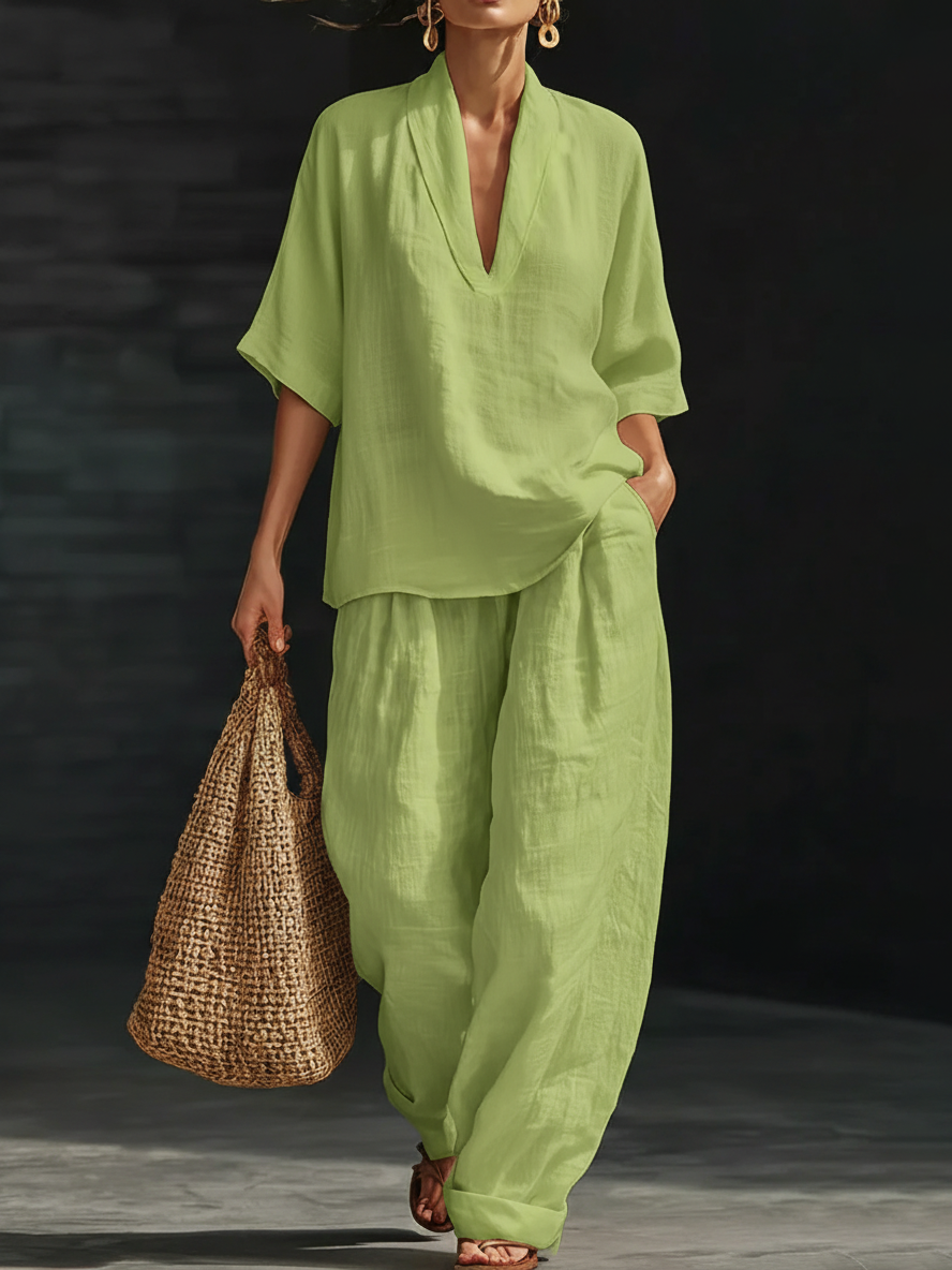 Women's Linen Two Piece Set V Neck Short Sleeve Top and Wide Leg Trousers